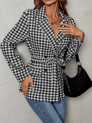 Inrosy mi-longue blazer pied de poule ceinture double boutonnage col revers femme décontracté automne manteau