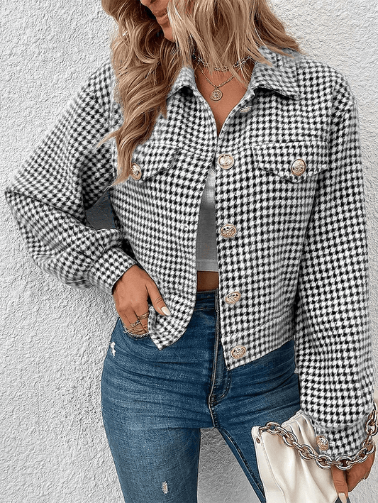 Inrosy court veste pied de poule boutonnage poches col revers manches longues femme élégant mode