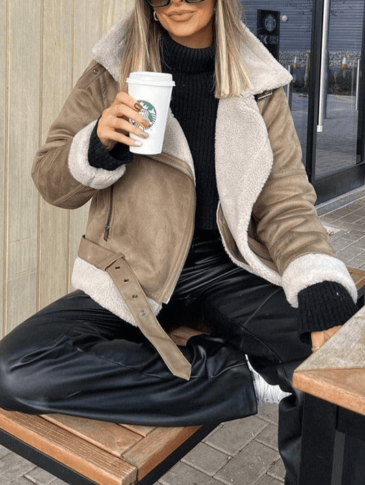 Inrosy manteau aviateur suedine ceinture fermeture éclair col revers manches longues femme mode décontracté hiver veste style biker