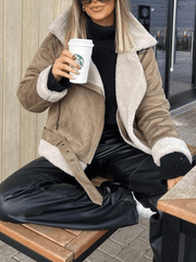 Inrosy manteau aviateur suedine ceinture fermeture éclair col revers manches longues femme mode décontracté hiver veste style biker