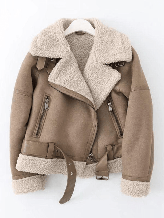 Inrosy manteau aviateur suedine ceinture fermeture éclair col revers manches longues femme mode décontracté hiver veste style biker