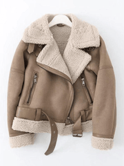 Inrosy manteau aviateur suedine ceinture fermeture éclair col revers manches longues femme mode décontracté hiver veste style biker