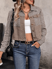 Inrosy court veste pied de poule boutonnage poches col revers manches longues femme mode décontracté automne vêtements d'extérieur