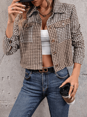 Inrosy court veste pied de poule boutonnage poches col revers manches longues femme mode décontracté automne vêtements d'extérieur