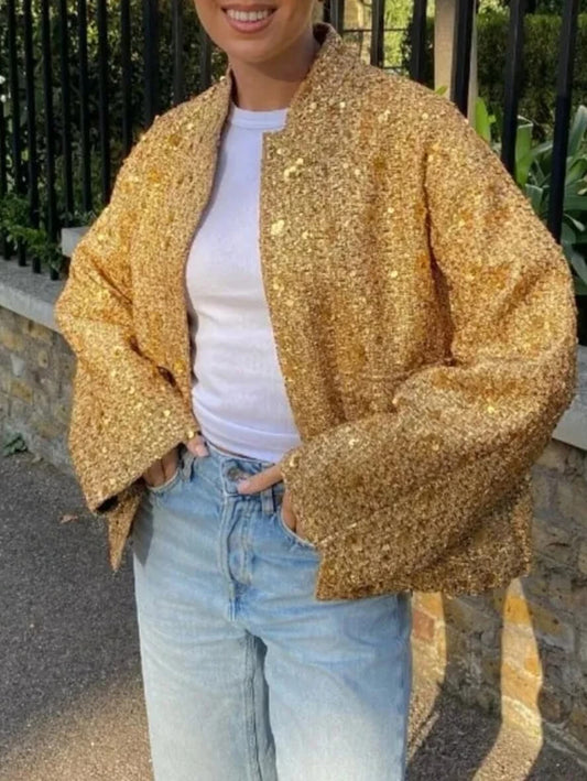 Inrosy court bombers brillante paillette pearl poches fermeture éclair col rond femme casual style boyfriend décontracté veste