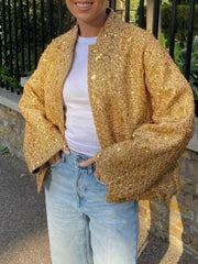 Inrosy court bombers brillante paillette pearl poches fermeture éclair col rond femme casual style boyfriend décontracté veste