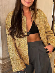 Inrosy court bombers brillante paillette pearl poches fermeture éclair col rond femme casual style boyfriend décontracté veste