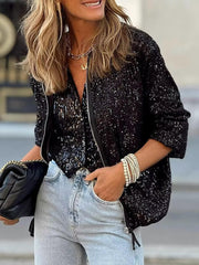 Inrosy bombers brillante paillette fermeture éclair col rond manches longues femme casual élégant mode décontracté veste