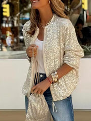 Inrosy bombers brillante paillette fermeture éclair col rond manches longues femme casual élégant mode décontracté veste