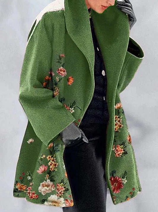 Inrosy mi-longue manteau imprimé fleurie boutonnage col revers femme hiver et automne