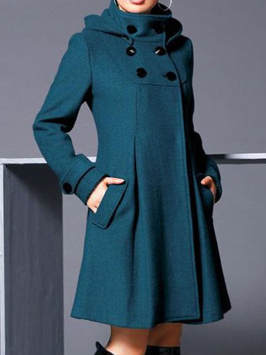 Inrosy mi-longue manteau en laine double boutonnage avec poches à capuche vintage femme cape élégant hiver