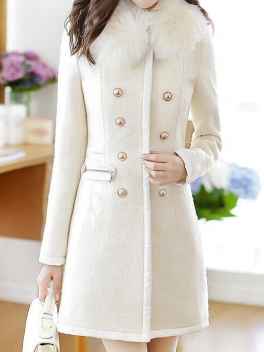 Inrosy manteau en laine double boutonnage fausse fourrure col femme blanche