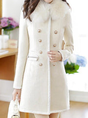 Inrosy manteau en laine double boutonnage fausse fourrure col femme blanche