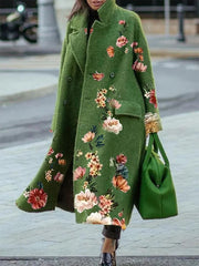 Inrosy longue manteau en laine ample imprimé fleurie col revers femme hiver blouse