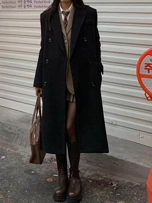 Inrosy longue manteau en laine double boutonnage poches col revers manches longues femme élégant preppy mode veste automne