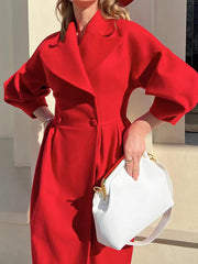 Inrosy longue manteau en laine double boutonnage découpe v manches longues femme élégant mode vintage hepburn veste