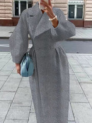 Inrosy longue manteau en laine double boutonnage découpe v manches longues femme élégant mode vintage hepburn veste