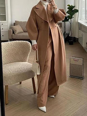 Inrosy longue manteau en laine double boutonnage découpe v manches longues femme élégant mode vintage hepburn veste