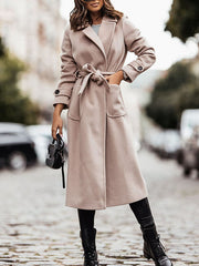 Inrosy longue manteau en laine fendu poches ceinture col revers manches longues femme élégant mode décontracté veste automne