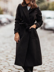 Inrosy longue manteau en laine fendu poches ceinture col revers manches longues femme élégant mode décontracté veste automne