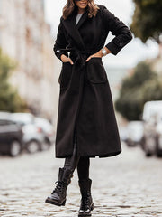 Inrosy longue manteau en laine fendu poches ceinture col revers manches longues femme élégant mode décontracté veste automne