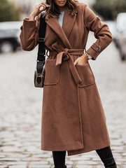 Inrosy longue manteau en laine fendu poches ceinture col revers manches longues femme élégant mode décontracté veste automne