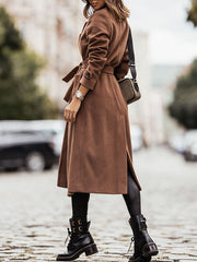 Inrosy longue manteau en laine fendu poches ceinture col revers manches longues femme élégant mode décontracté veste automne