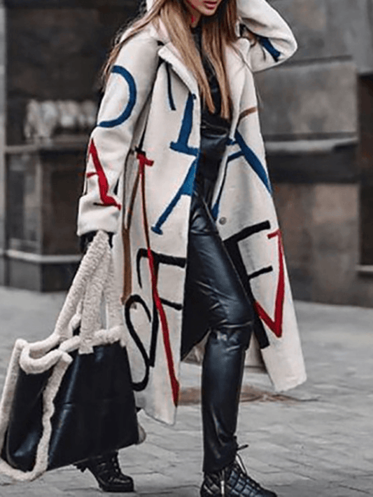 Inrosy longue manteau en laine lettres boutons poches col revers manches longues femme casual élégant mode oversized veste hiver
