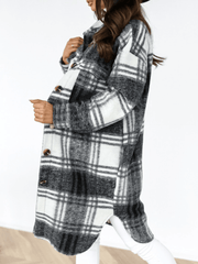 Inrosy mi-longue manteau en laine carreaux fendu boutonnage poches col revers femme élégant oversized surchemise