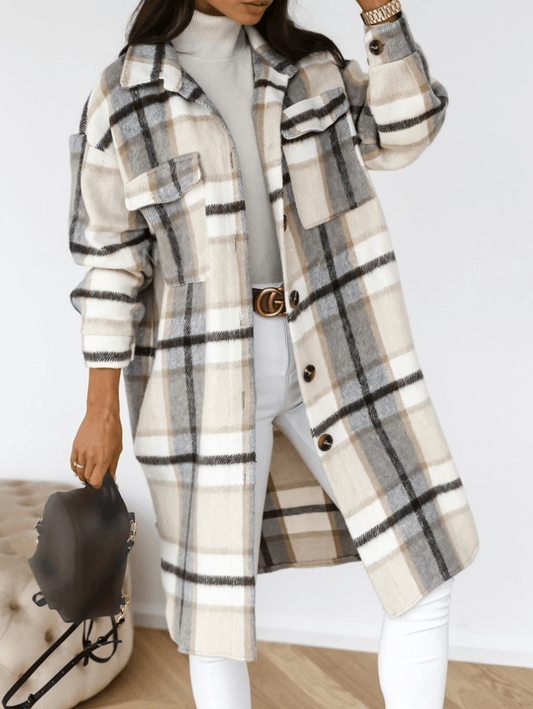 Inrosy mi-longue manteau en laine carreaux fendu boutonnage poches col revers femme élégant oversized surchemise