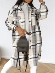 Inrosy mi-longue manteau en laine carreaux fendu boutonnage poches col revers femme élégant oversized surchemise