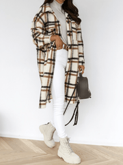 Inrosy mi-longue manteau en laine carreaux fendu boutonnage poches col revers femme élégant oversized surchemise