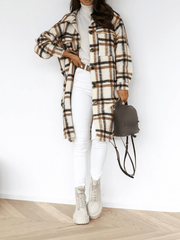 Inrosy mi-longue manteau en laine carreaux fendu boutonnage poches col revers femme élégant oversized surchemise