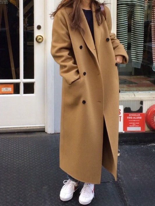 Inrosy longue manteau en laine cheville double boutonnage poches col revers manches longues femme ample élégant mode hiver blouson