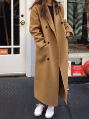 Inrosy longue manteau en laine cheville double boutonnage poches col revers manches longues femme ample élégant mode hiver blouson