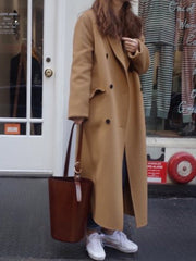 Inrosy longue manteau en laine cheville double boutonnage poches col revers manches longues femme ample élégant mode hiver blouson