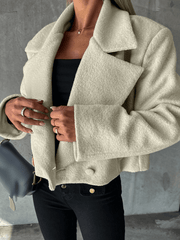 Inrosy court manteau en laine unicolore boutons poches découpe v manches longues femme élégant mode oversized hiver veste