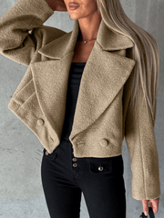 Inrosy court manteau en laine unicolore boutons poches découpe v manches longues femme élégant mode oversized hiver veste