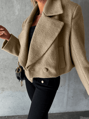 Inrosy court manteau en laine unicolore boutons poches découpe v manches longues femme élégant mode oversized hiver veste