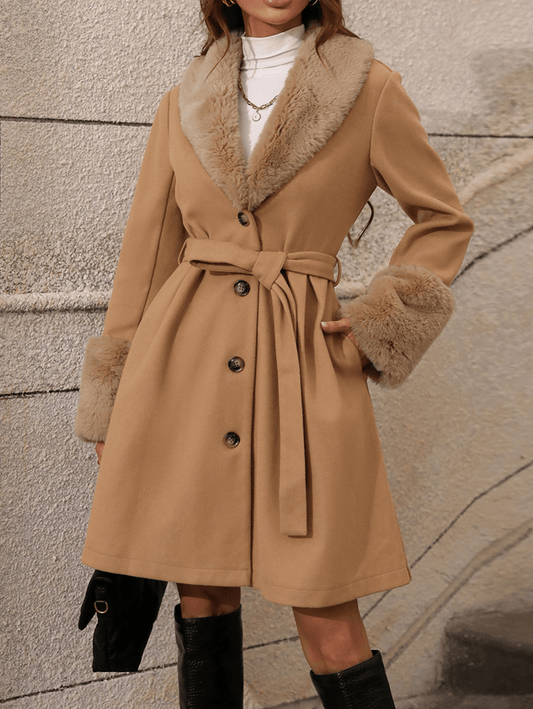 Inrosy mi-longue manteau trapèze femme ceinture boutonnage poches fausse fourrure col revers élégant mode hiver vêtements