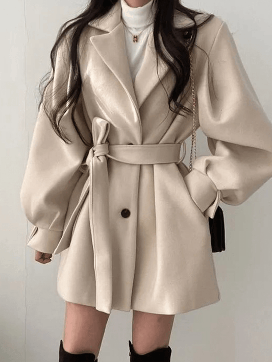 Inrosy mi-longue manteau en laine ceinture boutonnage poches manches bouffantes femme élégant mode oversized hiver veste vêtements