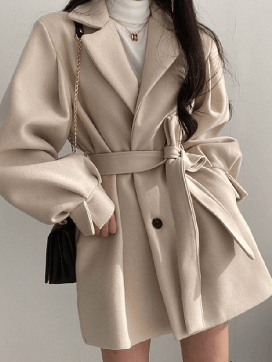 Inrosy mi-longue manteau en laine ceinture boutonnage poches manches bouffantes femme élégant mode oversized hiver veste vêtements