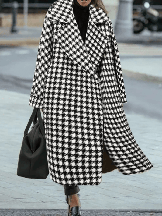 Inrosy longue manteau en laine pied de poule chaud poches femme élégant ample oversized décontracté hiver vêtements d'extérieur