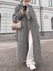 Inrosy manteau en laine long cheville femme pied de poule double boutonnage ceinture femme élégant oversized veste