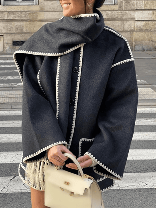 Inrosy manteau en laine avec frange foulard boutonnage poches col rond manches longues femme élégant mode ample hiver veste