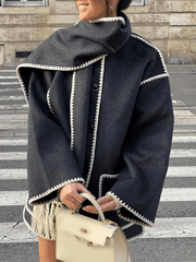 Inrosy manteau en laine avec frange foulard boutonnage poches col rond manches longues femme élégant mode ample hiver veste