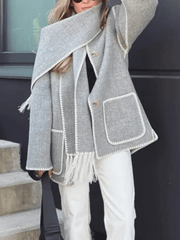 Inrosy manteau en laine avec frange foulard boutonnage poches col rond manches longues femme élégant mode ample hiver veste