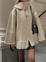 Inrosy manteau en laine avec frange foulard boutonnage poches col rond manches longues femme élégant mode ample hiver veste