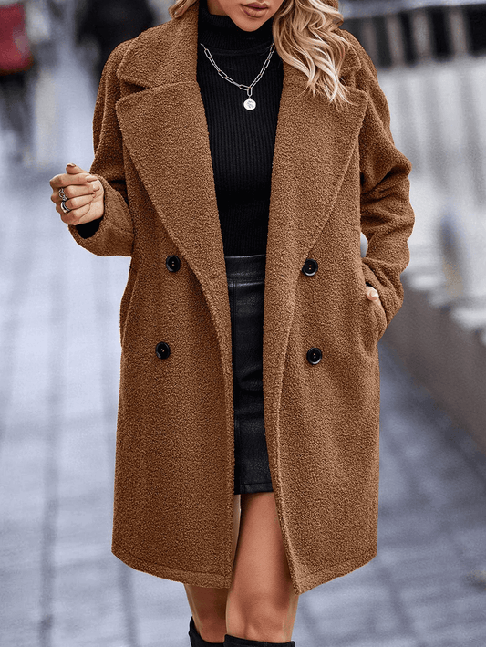 Inrosy mi-longue manteau teddy coat polaire double boutonnage poches col revers femme élégant oversized hiver veste