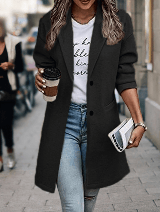 Inrosy mi-longue manteau en laine unicolore blazer boutons poches manches longues femme élégant mode veste